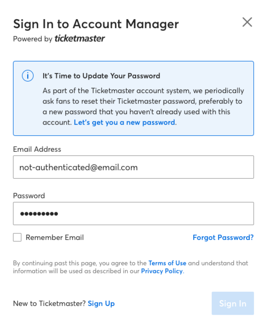 Screenshot of the "Sign In to Account Manager" screen from ticketmaster showing the "It's Time to Update Your Password" alert.
